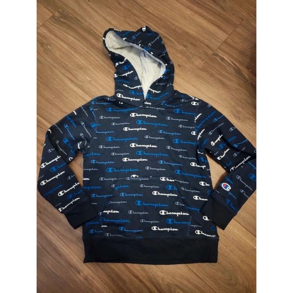 Champion Youth Small Hoodie Navy Blue All Over Script Logo Print Sweatshirt